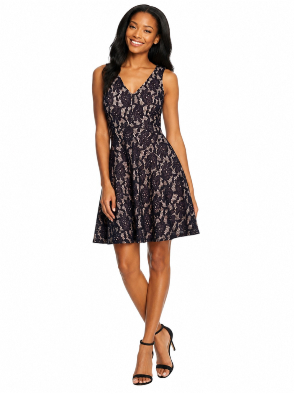 Blue Rain Lace Mini Dress, Size S, Black and Beige